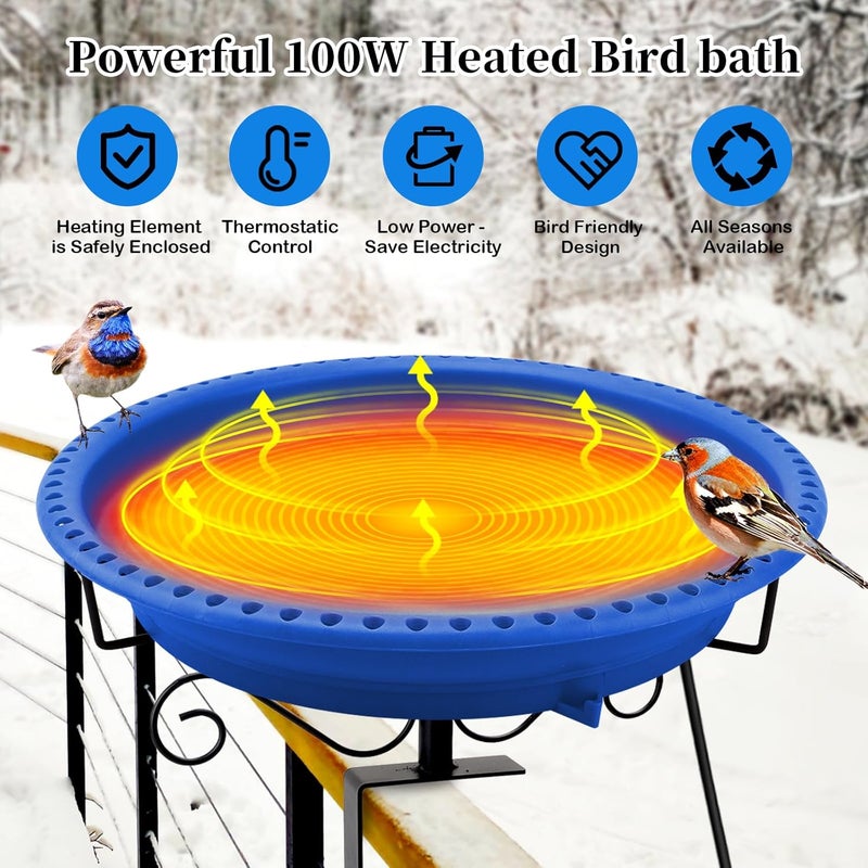 Lovppy Heated Bird Baths for Outdoors for Winter, 100W Heated Bird Bath Water Heater with Thermostatically Controlled, Heated Bird Bath for Deck Railing Outside Garden Patio Yard (Blue) - Image 3